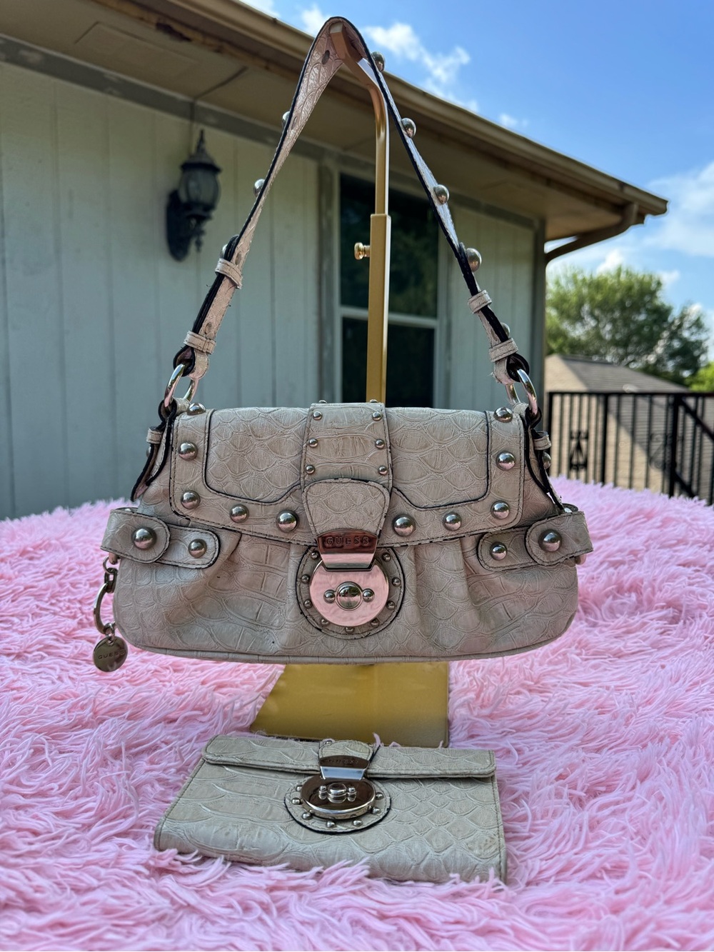 Guess Cream Croc-Embossed Studded Shoulder Bag with Wallet